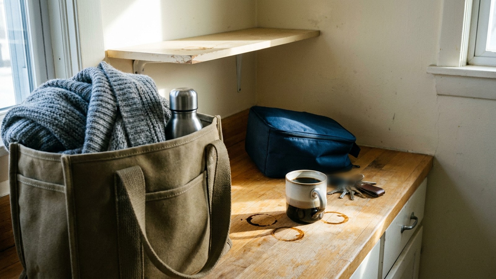 Morning sunlight across a wooden kitchen counter holding a packed canvas tote with a folded sweater and a steel water bottle, a mug of black coffee, an insulated lunch bag and a set of keys